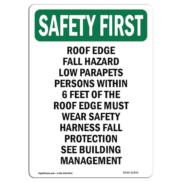 OSHA Sign, Roof Edge Fall Hazard Low Parapets, 5in X 3.5in Decal, 10PK, 3.5" W, 5" H, Portrait, PK10